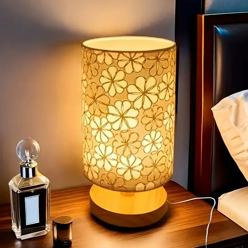 Simple cloth cover table lamp wooden base, USB power supply - three-tone light for bedroom study gifts