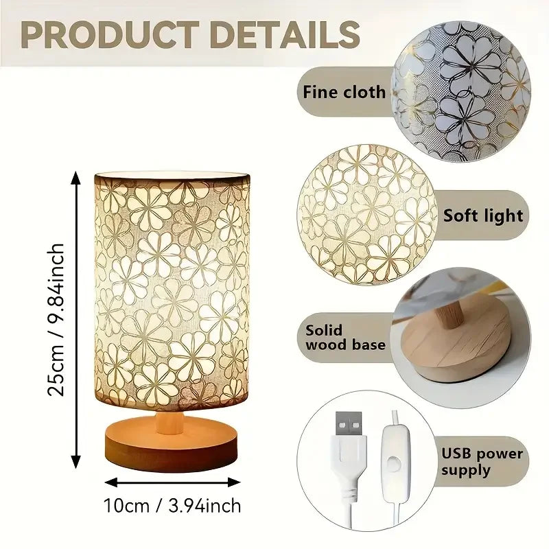 Simple cloth cover table lamp wooden base, USB power supply - three-tone light for bedroom study gifts