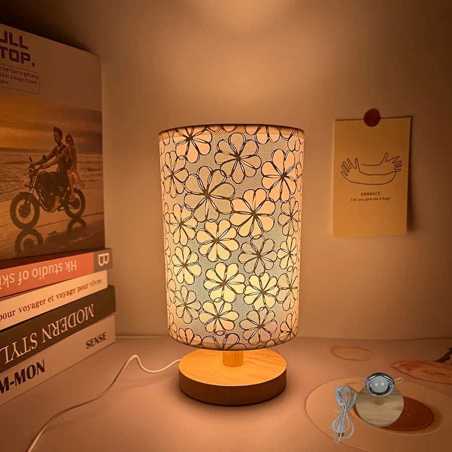 Simple cloth cover table lamp wooden base, USB power supply - three-tone light for bedroom study gifts
