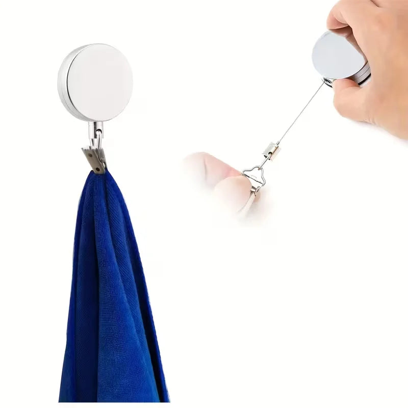 1PC Automatic Retractable Towel Rack No-Drill Self-Adhesive Wall Mounted Hand Towel Holder with Stainless Steel Cable Clamp