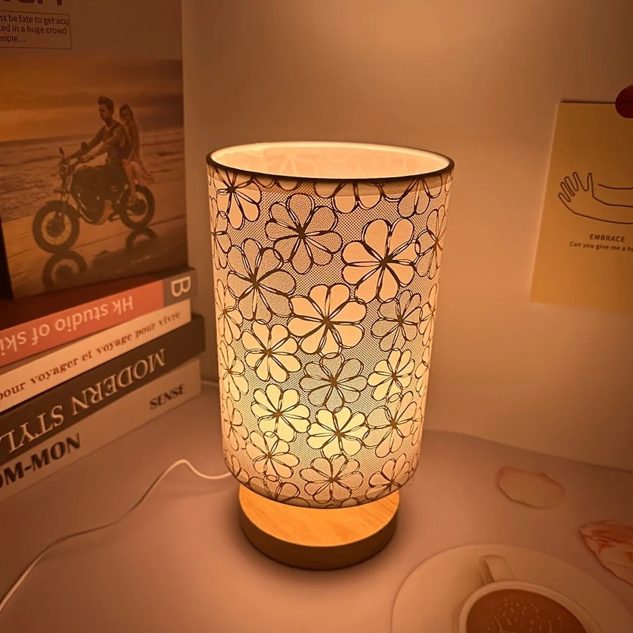 Simple cloth cover table lamp wooden base, USB power supply - three-tone light for bedroom study gifts