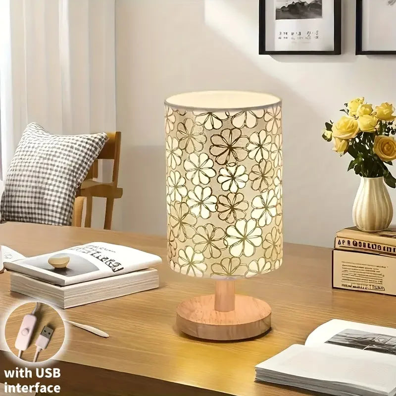Simple cloth cover table lamp wooden base, USB power supply - three-tone light for bedroom study gifts